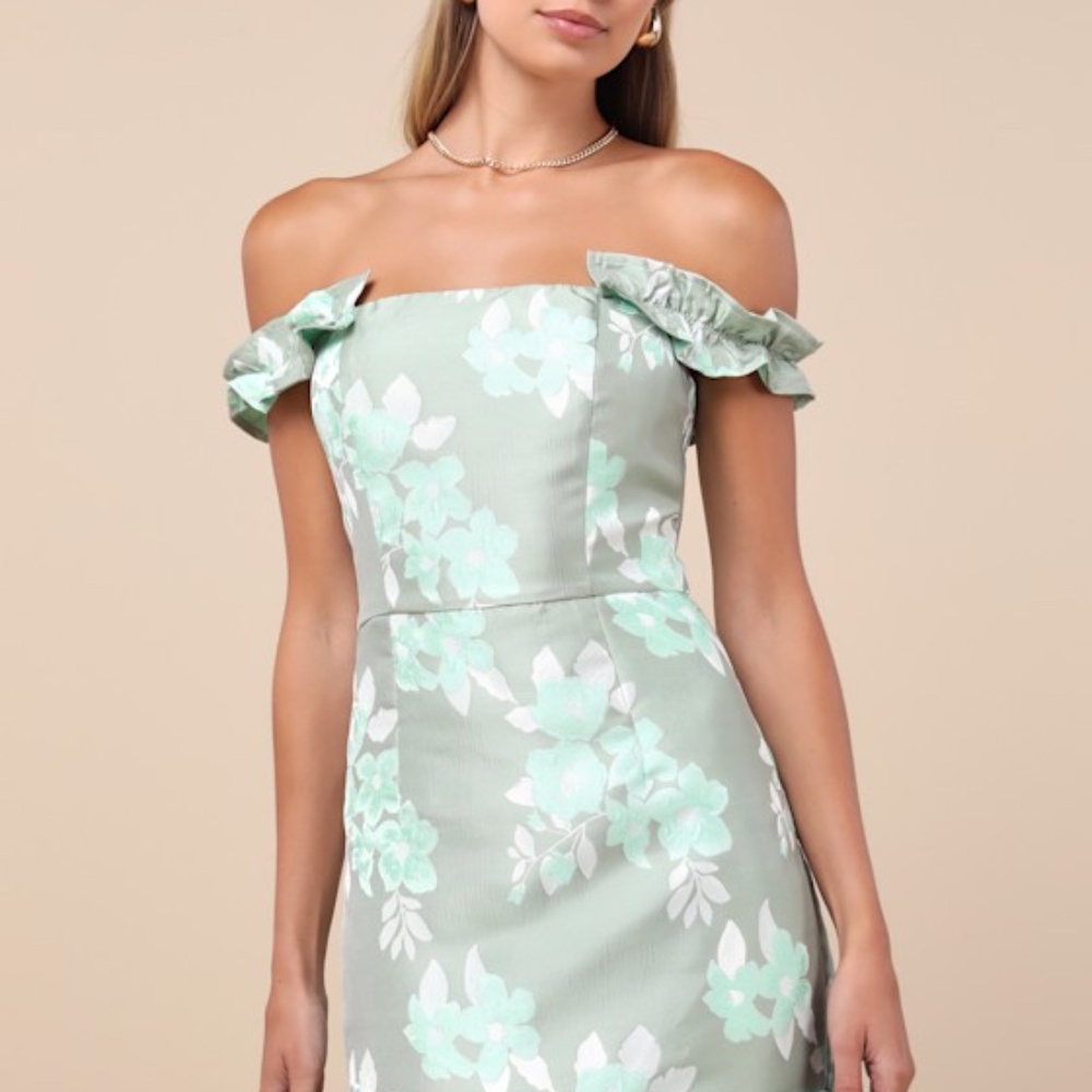 Lulus Pop The Bottle Sage Green Floral Jacquard Ruffled Mini Dress - Size M